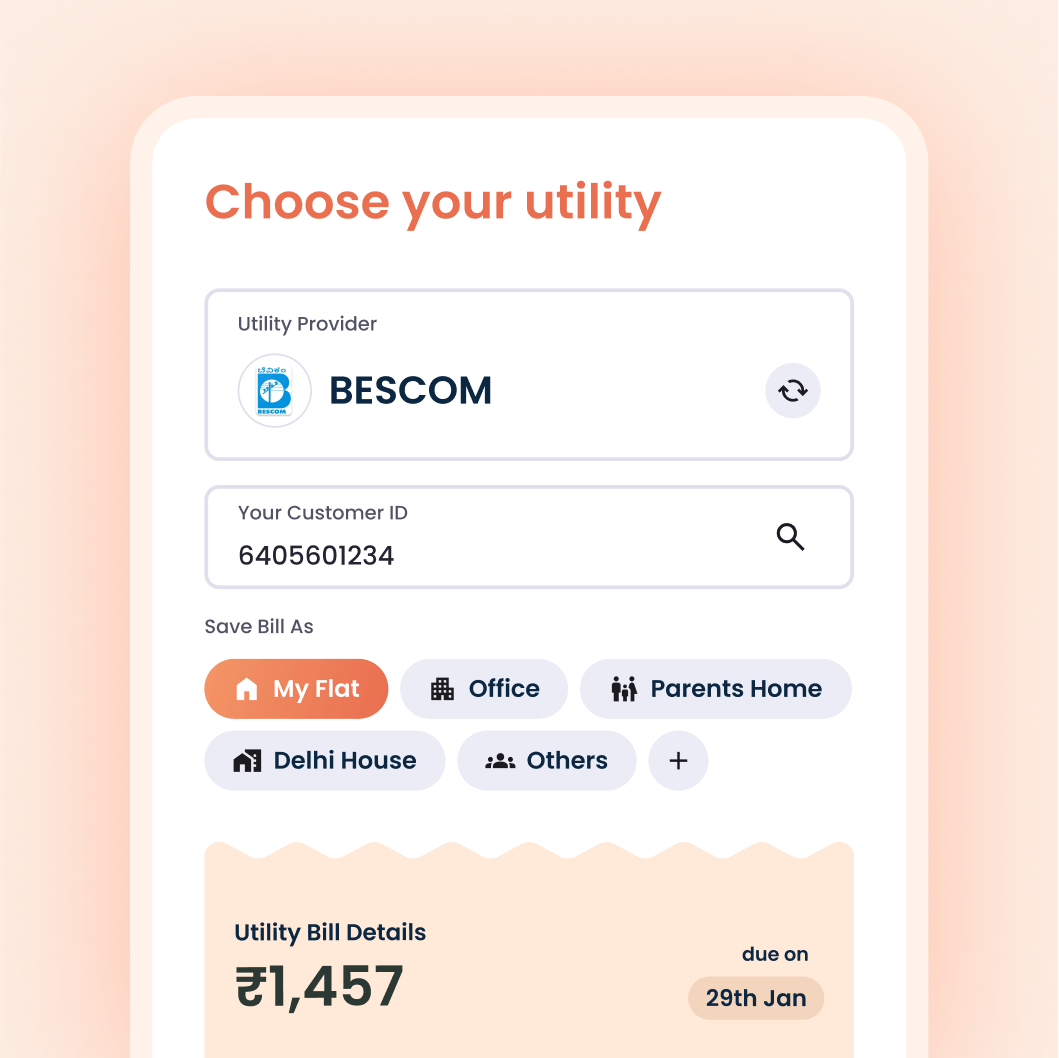 Pay bill with Bharat BillPay for utilities like BESCOM, TPDDL, BSES, Adani, MSEDCL, TNEB, KSEB, Torrent Power, Telangana.